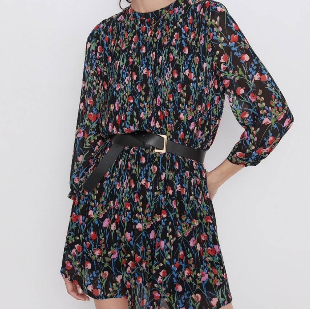 Zara Floral Print Pleated Detail 3/4 Sleeve Lined Mini Dress, Size XS